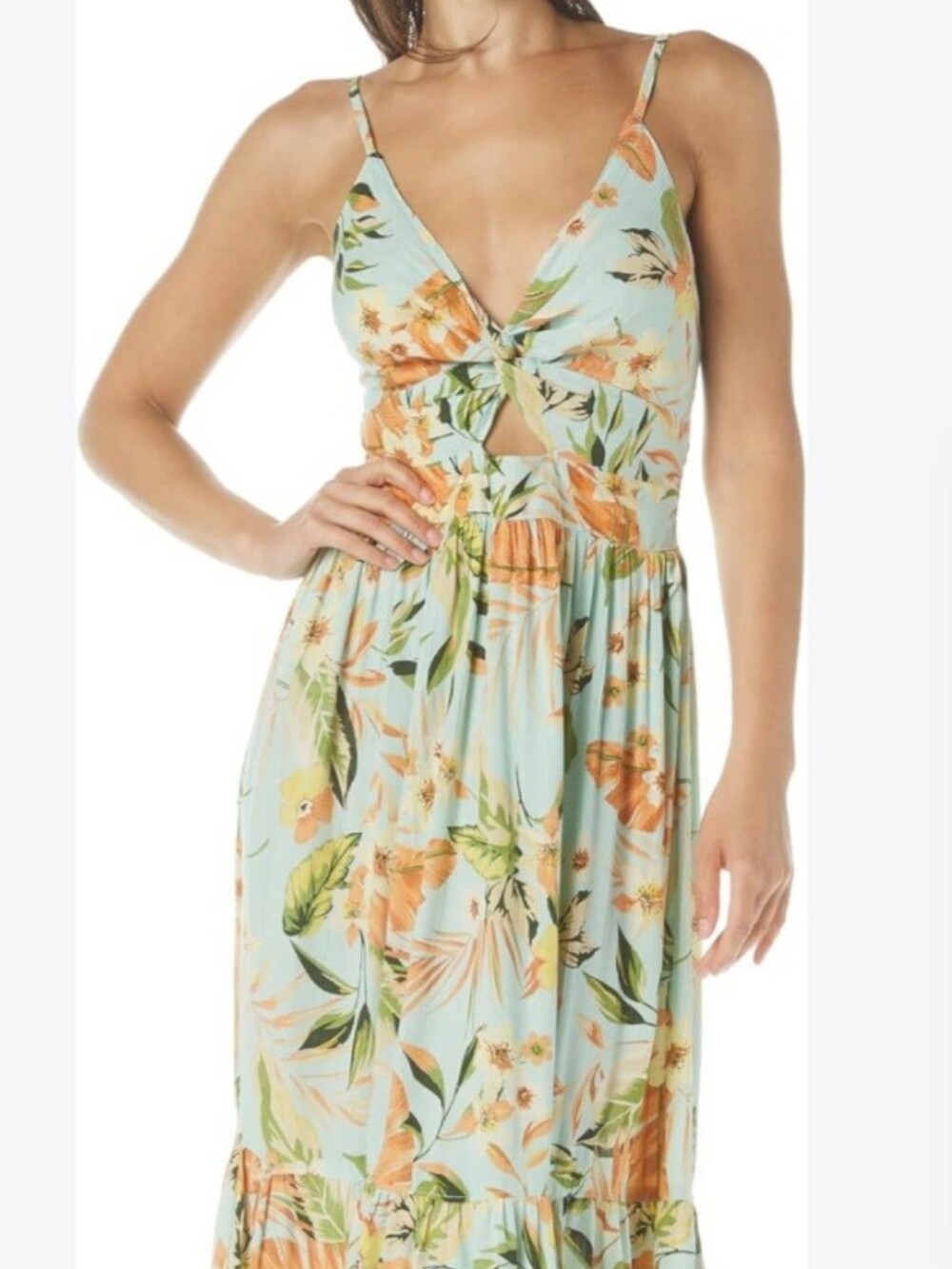 Angie Light Aqua Floral Twist-Front Maxi Dress - Medium
